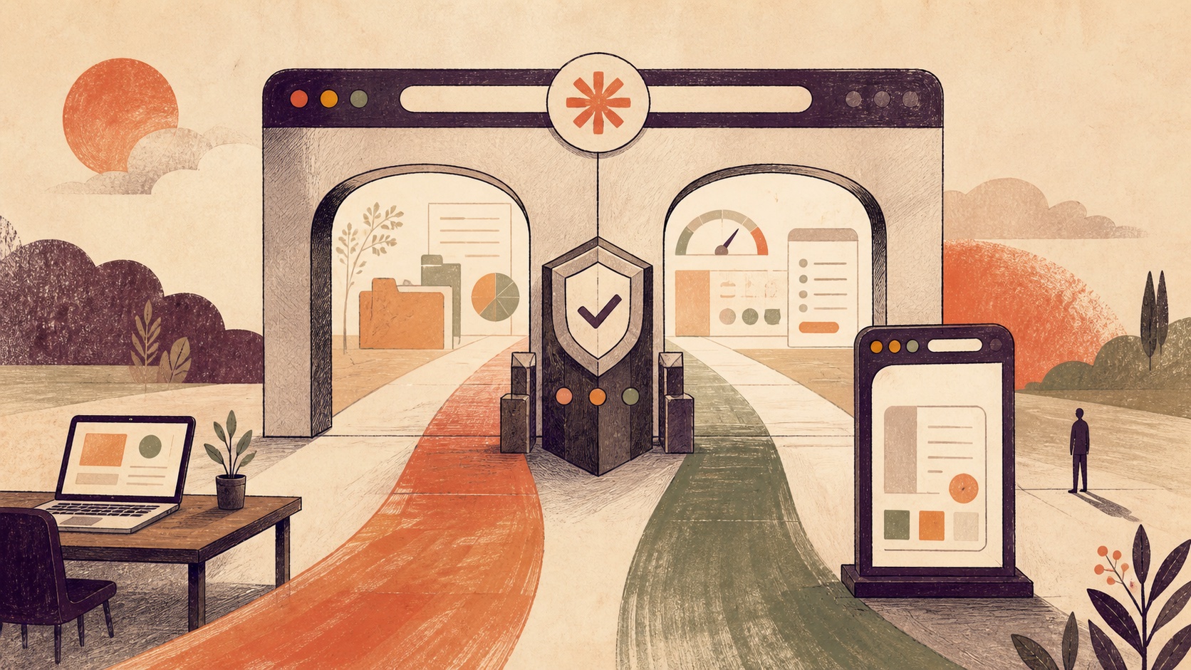 Håndtegnet illustration af to browserveje, der mødes ved et centralt sikkerhedstjek