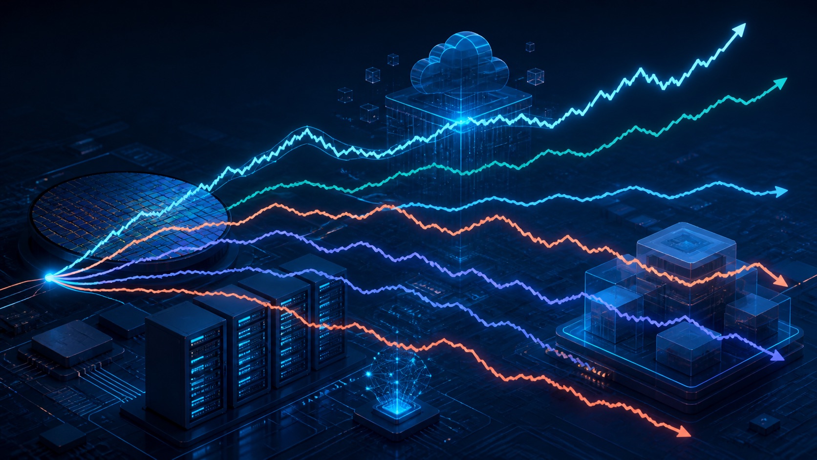 Konceptuel illustration af seks forskellige kurslinjer gennem et landskab af AI-chips, datacentre, cloud og software