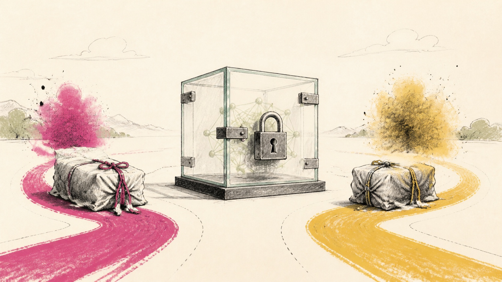Håndtegnet illustration af to forseglede pakker på magenta og gule spor mod et gennemsigtigt aflåst rum.