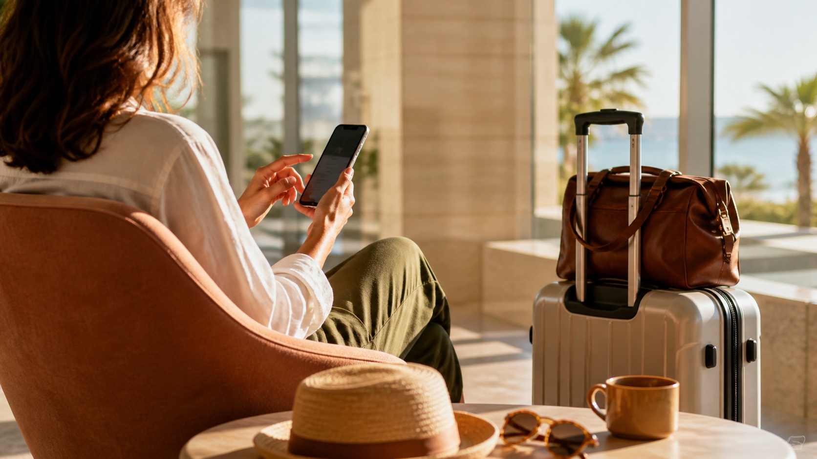 Rejsende med smartphone ved siden af kuffert i en lys hotellobby