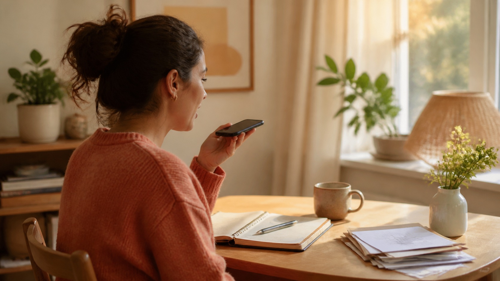 Person ved et lyst morgenbord taler til sin telefon med en dagsplan og en bunke breve foran sig