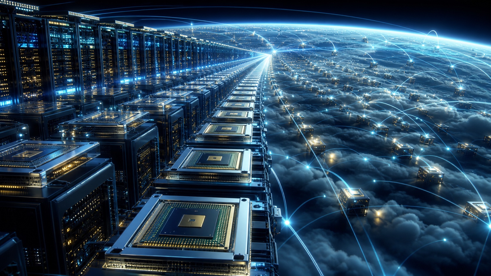 Konceptuelt billede af lange rækker af AI-processorer i datacentre, der forbindes gennem et globalt skybaseret netværk