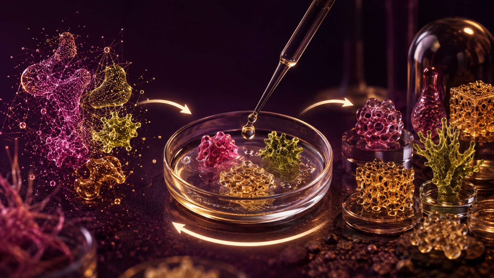 Et futuristisk makro-stilleben i rav, magenta og grøn, hvor abstrakte biologiske former bevæger sig i et kredsløb mellem et digitalt forslag og en laboratorieskål.
