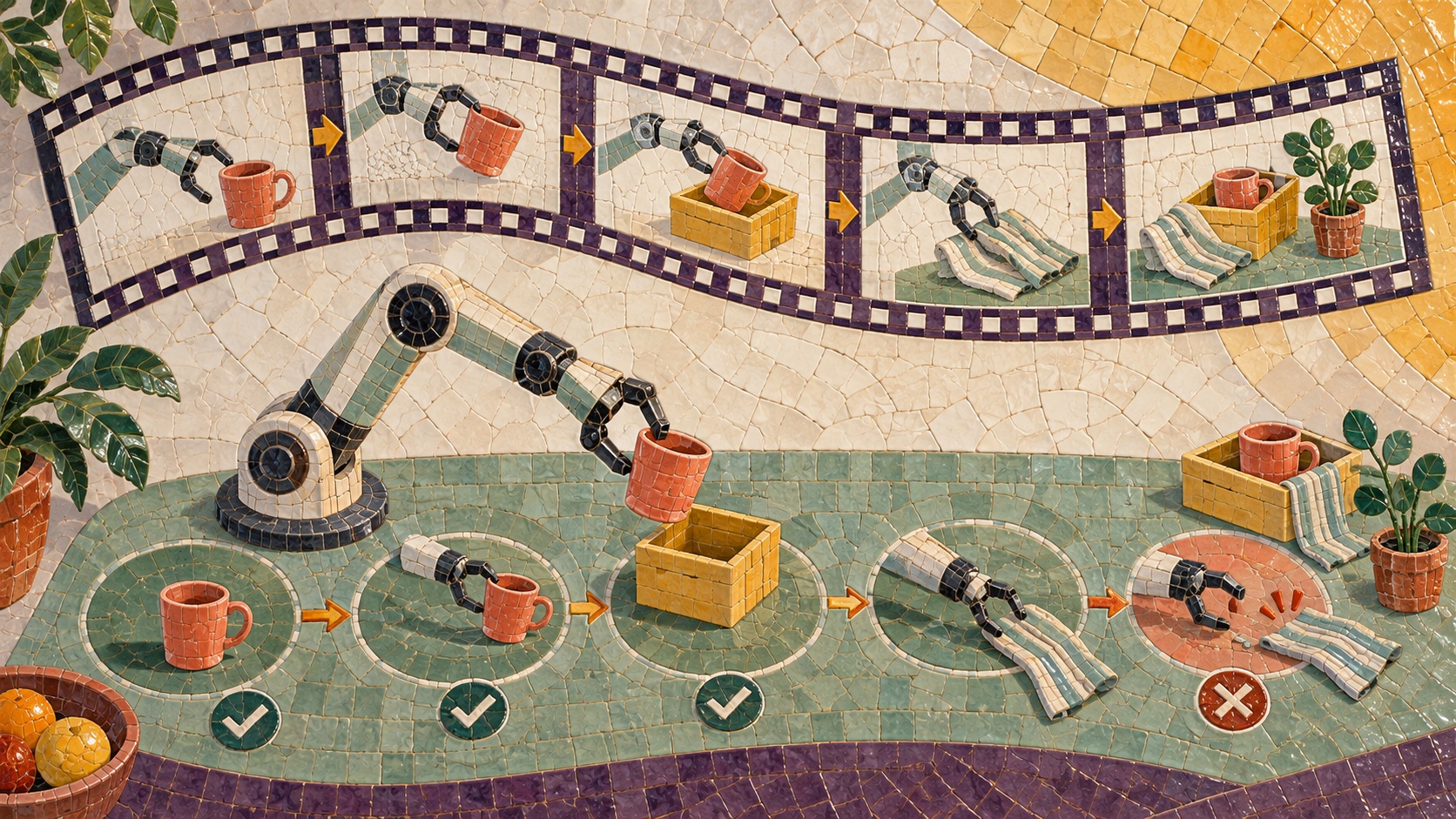 Futuristisk industrirobot, der lærer en flertrinsopgave ved at følge én videodemonstration på en lysende filmstrimmel
