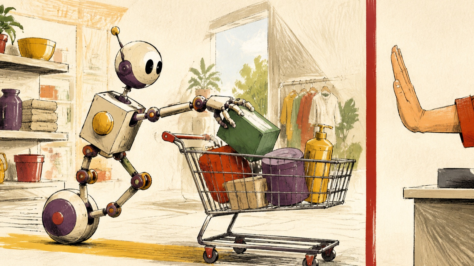 Håndtegnet illustration af en venlig robot, der fylder en indkøbskurv med varer foran en rød grænse og en menneskehånd, som skal godkende checkout