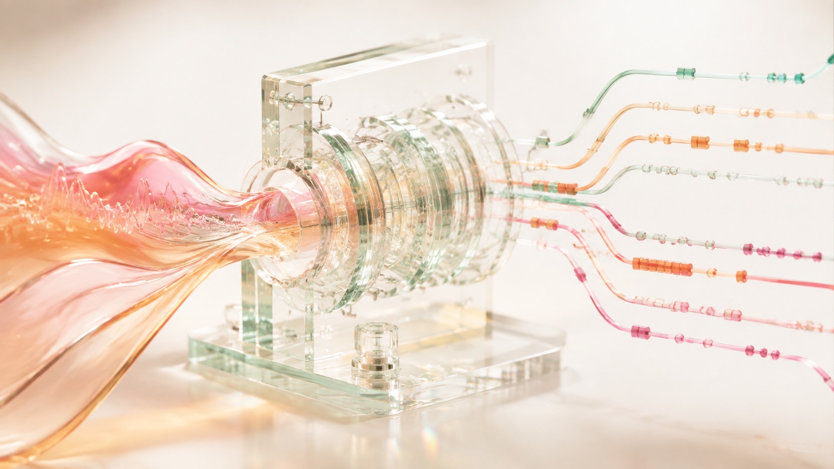 En lys, futuristisk glasinstallation omdanner en bølgende lydstrøm til flere præcist markerede tekstlinjer i mint, abrikos og rosa.