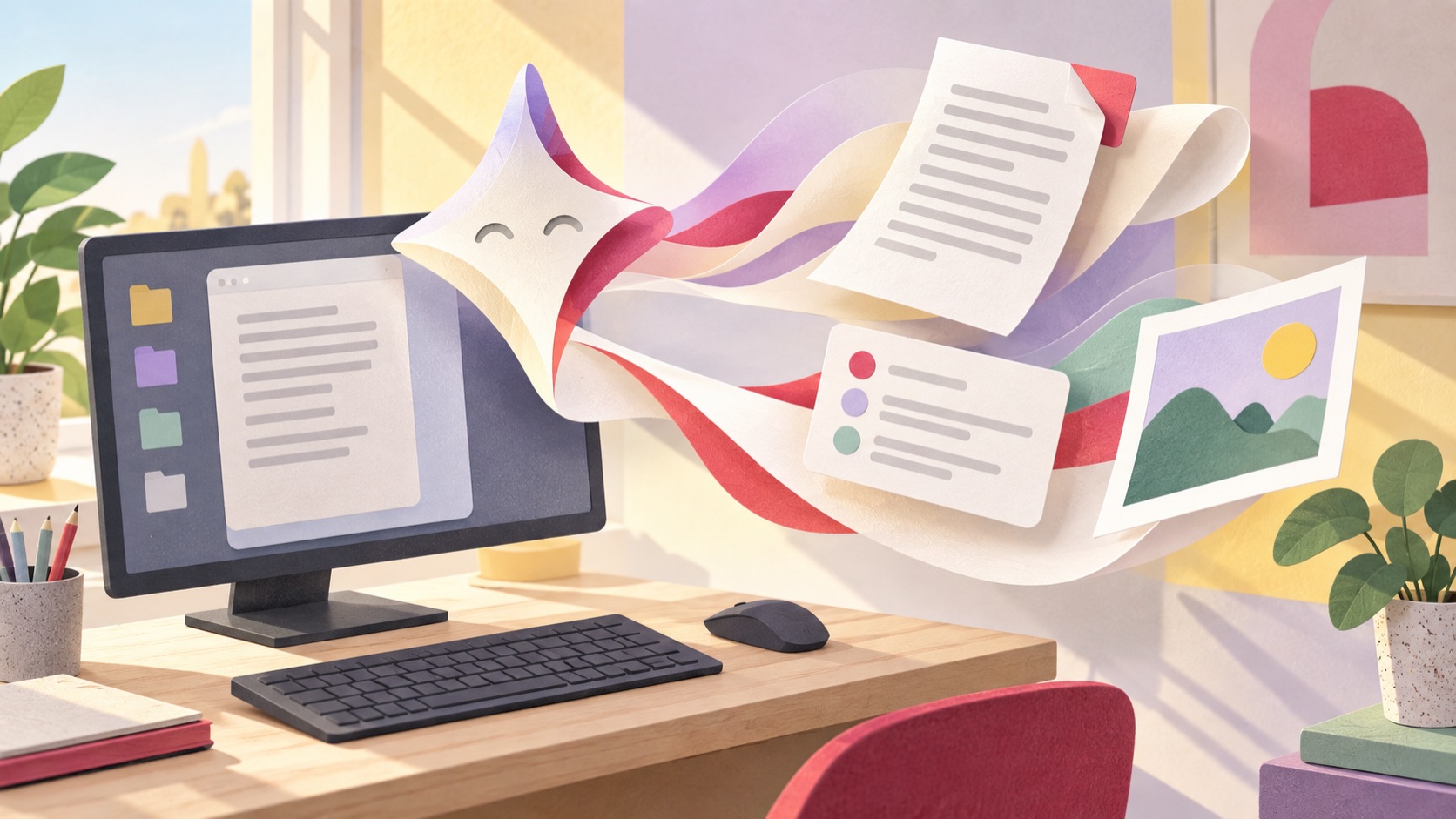Lys papirillustration af en Windows-computer, hvor AI organiserer dokumenter og billeder direkte fra skrivebordet