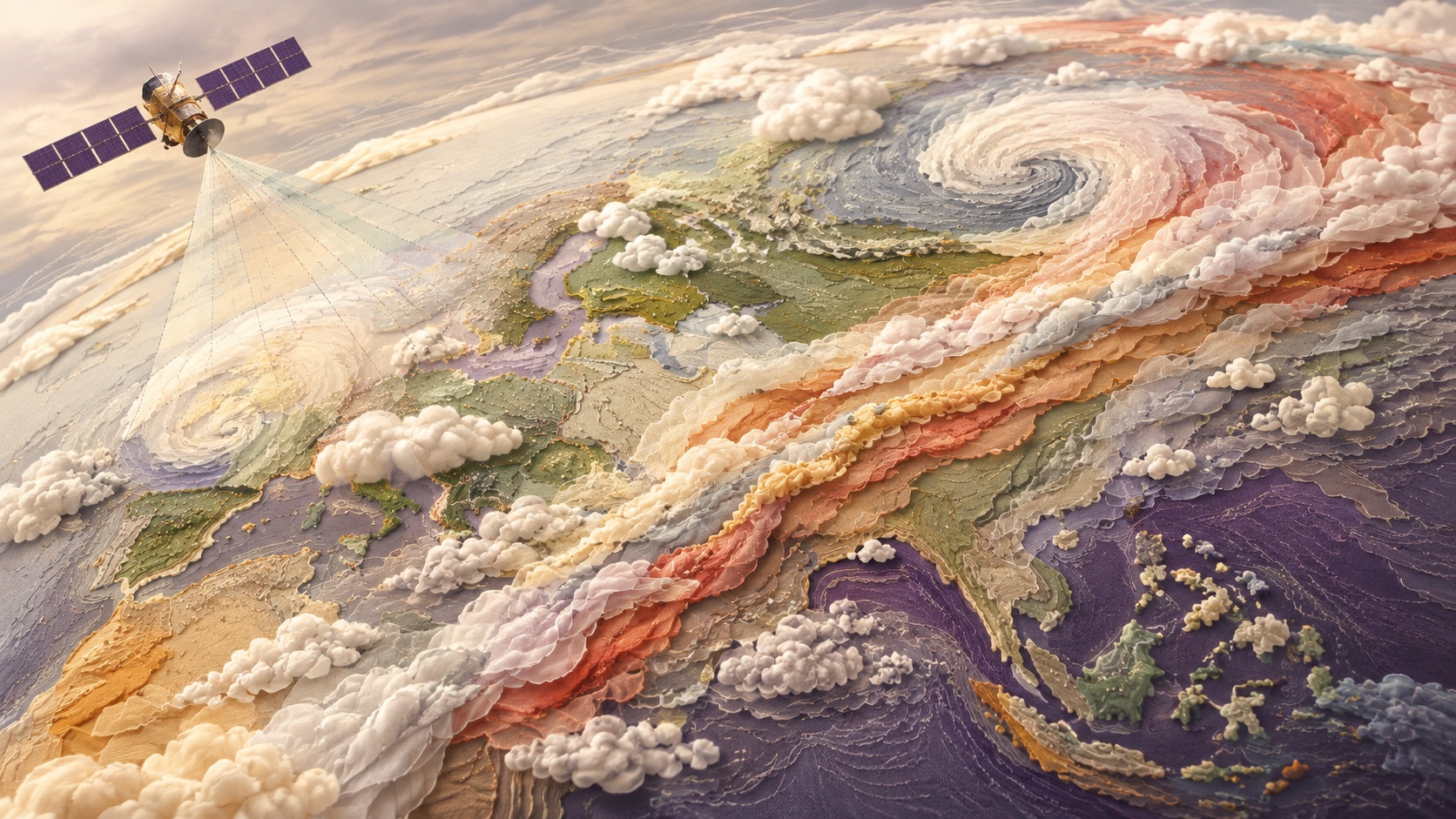 Lys, stiliseret tekstilrelief af globale vejrsystemer, hvor en satellit observerer lag af skyer, fronter, land og hav.
