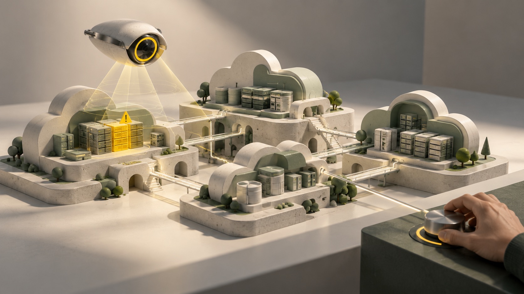 Minimalistisk arkitekturmodel af et cloudmiljø hvor en lysende agent undersøger bygningernes forbindelser